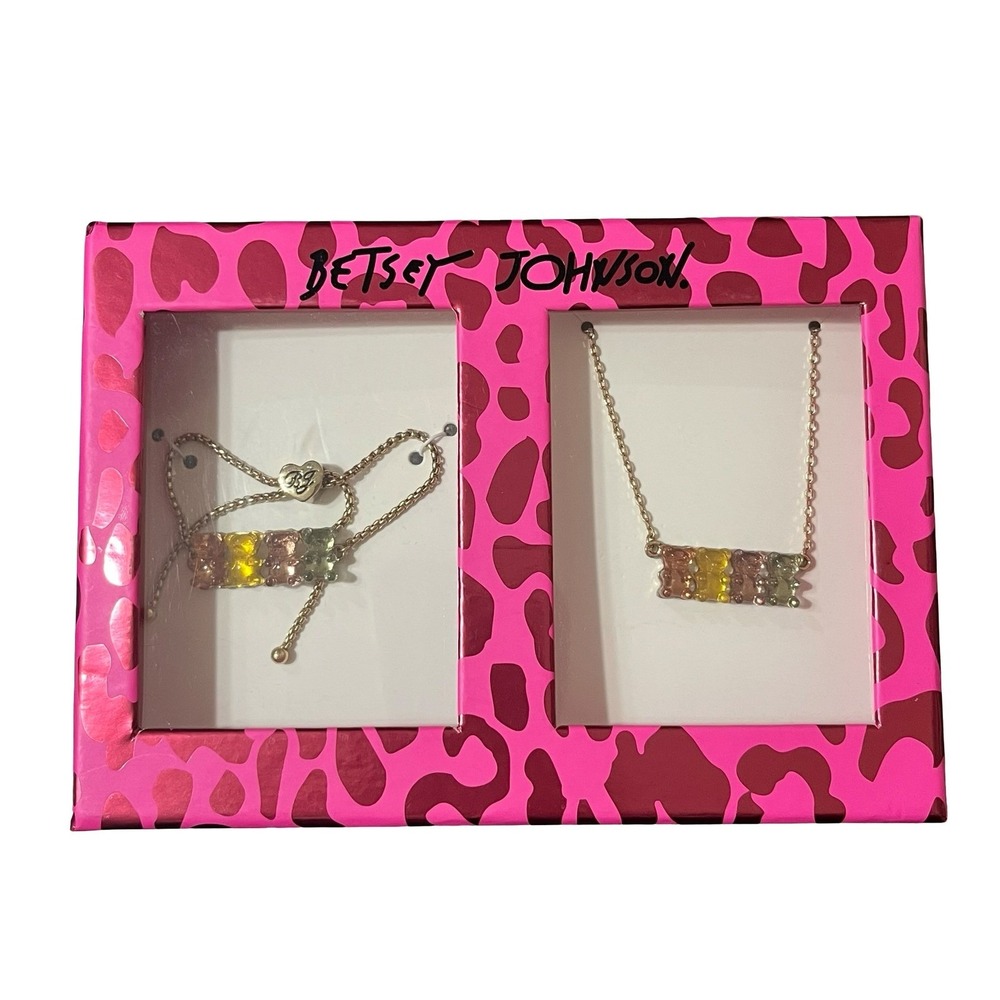 NWT Betsey Johnson Gummy Bear Jewelry Set Necklace & Bolo Bracelet Gold Tone